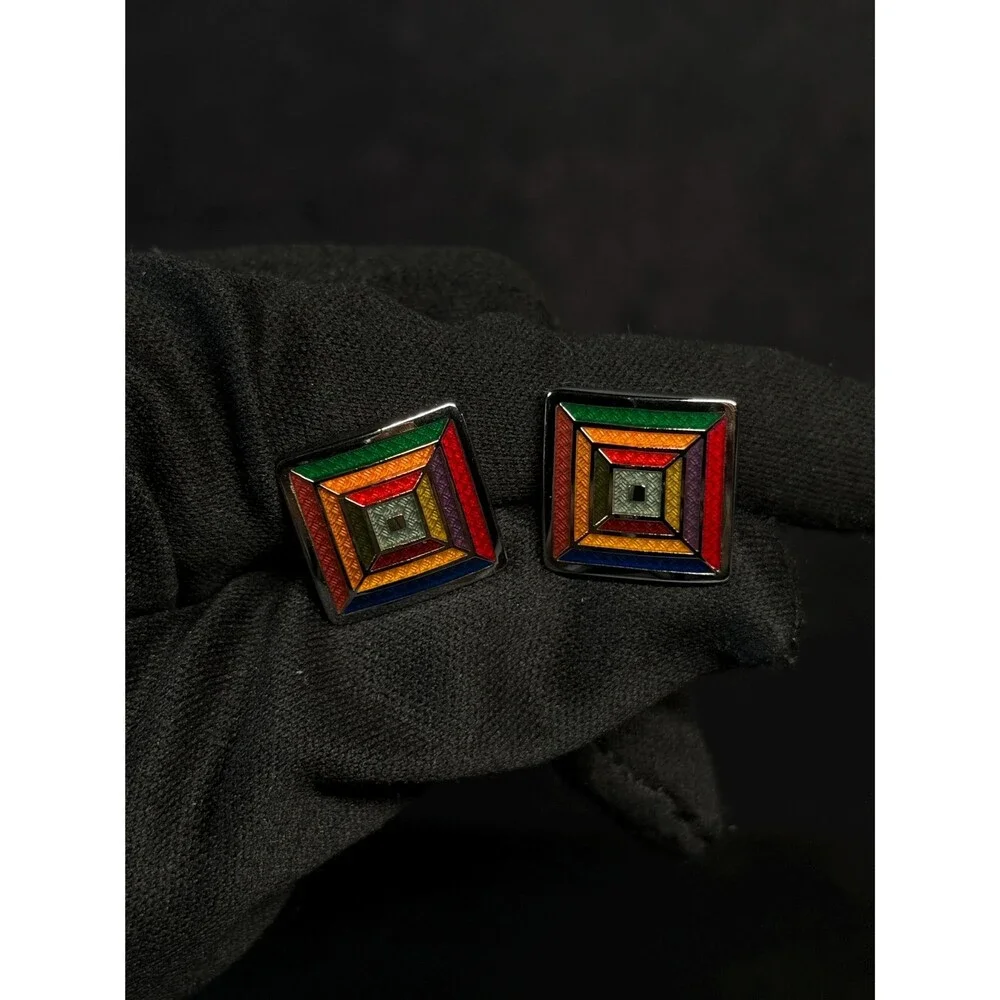 Sterling Silver Multicolor Enamel Mosaic Cuff Links
